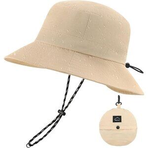 Unisex Beige 100% Nylon Waterproof Wide Brim Mesh Vent Chin Strap Bucket Hat